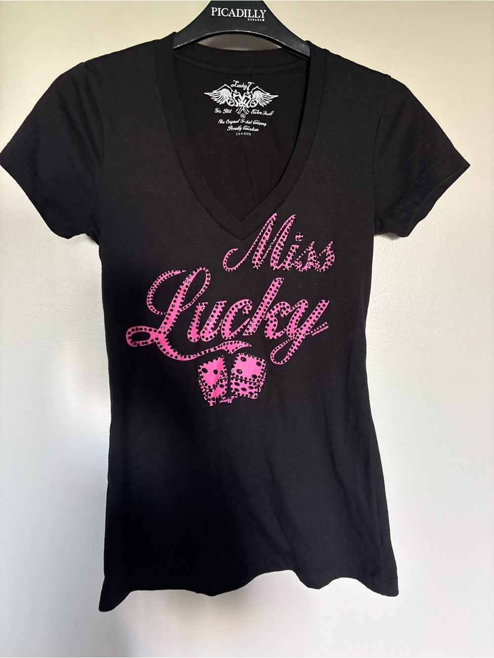 Miss Lucky 7 Black V-Neck Graphic Tee with Pink Studded Script xsmall